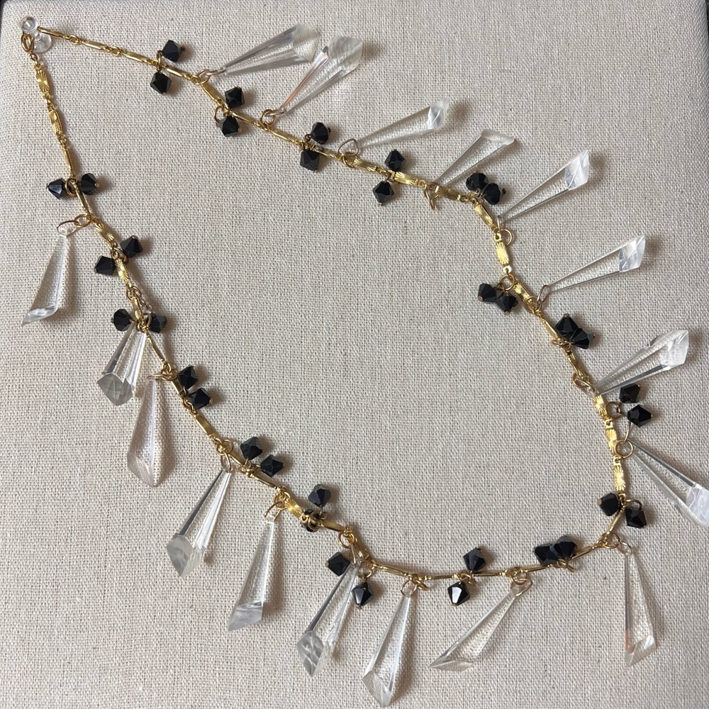VTG Art Deco Lucite Dangle Stations On Starburst Golden Links 24” Necklace